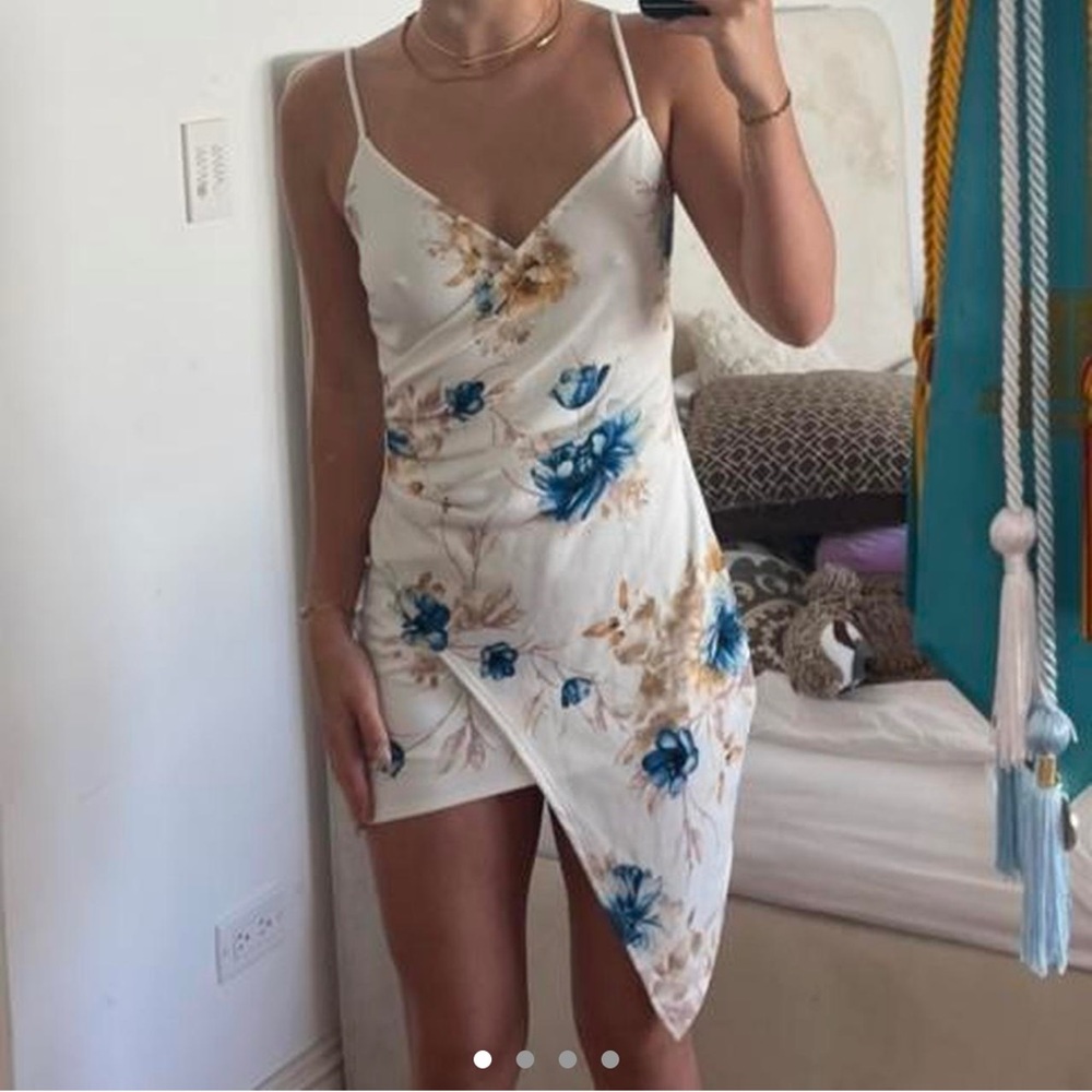White Floral Asymmetrical Mini Dress